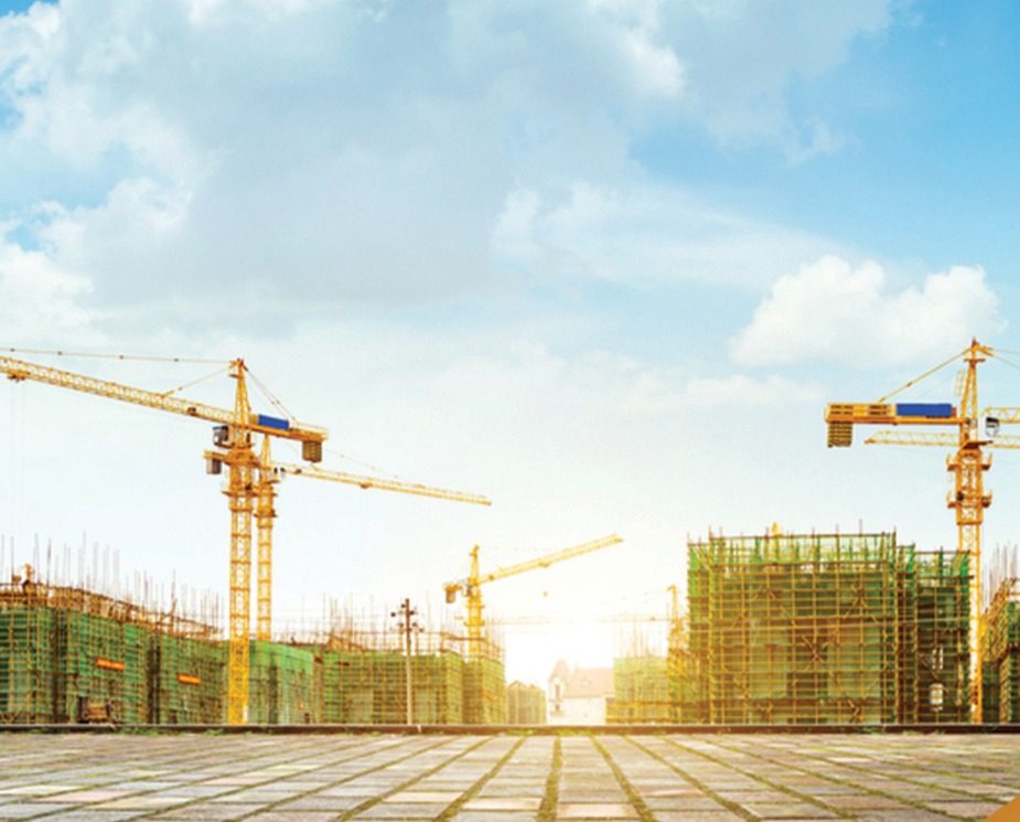 Paved plaza in front of construction projects